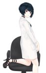  1girl black_hair black_shirt bob_cut brown_eyes chair choker commentary emnay high_heels highres jewelry labcoat leg_up light_frown looking_at_viewer looking_back messy_hair necklace office_chair persona persona_5 shirt short_hair simple_background solo studded_choker takemi_tae white_background 