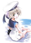  1girl absurdres blue_eyes clothes_writing dress from_behind hat highres kantai_collection looking_at_viewer looking_back open_mouth sailor_dress sailor_hat short_hair silver_hair sitting sleeveless smile solo taisinkoku white_dress white_hat z1_leberecht_maass_(kantai_collection) 