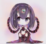  1girl bangs bare_shoulders black_legwear blush brown_background chibi closed_mouth cottontailtokki detached_sleeves fate/grand_order fate_(series) full_body hair_between_eyes headpiece heart horns long_hair long_sleeves looking_at_viewer navel oni oni_horns pointy_ears purple_hair shuten_douji_(fate/grand_order) shuten_douji_(halloween)_(fate) smile solo sparkle thigh-highs violet_eyes wide_sleeves 