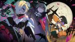  3girls :d ahoge ascot bare_shoulders bat black_dress blonde_hair braid breasts cape capelet castle chinese_commentary commentary_request costume cross cross_necklace detached_sleeves dress fangs fingernails frilled_dress frills full_moon grey_hair hair_over_one_eye halloween hat hoshi_shouko idolmaster idolmaster_cinderella_girls jewelry kawaii_boku_to_142&#039;s koshimizu_sachiko long_fingernails long_hair looking_at_viewer moon multiple_girls necklace night night_sky open_mouth oversized_moon petals pink_hair pumpkin_basket red_eyes saliva screw screw_in_head sharp_nails shirasaka_koume short_hair side_braid single_braid sky sleeves_past_wrists small_breasts smile stitches upper_teeth vampire_costume vial waterkuma witch_costume witch_hat 