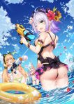  3girls :d ;d antenna_hair aqua_eyes arm_strap armpits arms_up ass axent_wear back ball bangs bare_shoulders beachball bikini black_bow black_swimsuit blonde_hair blue_sky blush bow bracelet breasts casual_one-piece_swimsuit cat_ear_headphones character_request cityscape clouds commentary_request copyright_request day dutch_angle eyebrows_visible_through_hair facial_mark firing flower frilled_bikini frills green_bikini green_eyes grey_hair hair_flower hair_ornament headphones hibiscus innertube jewelry large_breasts leaf_hair_ornament long_hair low-tied_long_hair medium_breasts multiple_girls navel one-piece_swimsuit one_eye_closed open_mouth outdoors petals pink_bikini pink_flower pink_hair playing pool rectangular_mouth red_flower short_hair side-tie_bikini sideboob sky smile splashing stomach sunflower_hair_ornament swimsuit thigh-highs tossing upper_teeth v-shaped_eyebrows very_long_hair wading water_gun white_legwear wristband yeluno_meng 