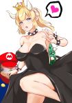  1boy 1girl absurdres armlet bare_shoulders black_dress blonde_hair blue_earrings bowsette bracelet breasts cleavage collar collarbone crown dress earrings facial_hair hat heart highres horns jewelry large_breasts legs looking_at_viewer mario super_mario_bros. mustache new_super_mario_bros._u_deluxe nintendo open_mouth pointy_ears ponytail red_hat short_hair simple_background spiked_armlet spiked_bracelet spiked_collar spikes spoken_heart super_crown v white_background yeyebirdie 