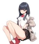  1girl aiko_(kanl) bangs black_hair black_skirt blue_eyes blush bow bowtie cardigan closed_mouth commentary_request eyebrows_visible_through_hair long_hair long_sleeves looking_at_viewer open_cardigan open_clothes pleated_skirt red_legwear red_neckwear revision school_uniform shirt simple_background sitting skirt socks solo ssss.gridman takarada_rikka thighs tsurime white_background white_cardigan white_shirt 