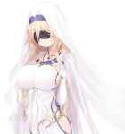  1girl blindfold blonde_hair breasts cape dress goblin_slayer! habit hands_on_own_chest highres jewelry large_breasts lilcat long_hair necklace smile solo sword_maiden underbust veil very_long_hair white_cape white_dress 