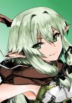  1girl armpits bow bow_(weapon) cloak crossbow elf fitz_(fita_is_the_smartest) goblin_slayer! green_background green_eyes green_hair hair_bow half-closed_eyes high_elf_archer_(goblin_slayer!) highres hood hooded_cloak looking_at_viewer pointy_ears simple_background sleeveless smile solo upper_body weapon 