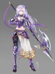  1girl armor armored_boots boots braid breastplate contrapposto fantasy gauntlets grey_background grin hair_over_one_eye halberd high_heels knight long_hair midriff navel nekozuki_yuki original pink_eyes polearm purple_hair shoulder_armor smile weapon 