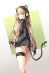  1girl animal_ears ass bangs black_gloves black_jacket blush bow breasts cat_ear_headphones cat_ears cat_girl cat_tail character_name closed_mouth commentary eyebrows_visible_through_hair girls_frontline gloves green_background green_bow green_eyes hair_between_eyes half_gloves headphones highres jacket light_brown_hair long_sleeves looking_at_viewer looking_back skindentation small_breasts sobmarine solo tail tail_bow tail_raised thigh_strap tmp_(girls_frontline) two-tone_background white_background 