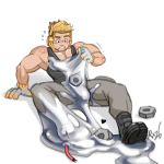  1boy arm_support black_footwear blonde_hair boots creatures_(company) game_freak gloves grey_gloves grey_pants headset heart lowres male_focus melmetal muscle nintendo nut_(hardware) on_floor pants personification pokemon radx26 signature slime solo sweatdrop tank_top 