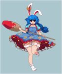 1girl :d ambiguous_red_liquid animal_ears bangs bloomers blue_dress blue_hair braid commentary_request crescent_print dress ear_clip eyebrows_visible_through_hair frilled_dress frills full_body grey_background holding kine leg_up long_hair looking_at_viewer lowres mallet no_shoes open_mouth pixel_art puffy_short_sleeves puffy_sleeves rabbit_ears red_eyes seiran_(touhou) short_sleeves simple_background smile socks solo standing standing_on_one_leg star star_print takorin touhou twin_braids underwear white_bloomers white_legwear 