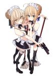  2girls absurdres ahoge apron artoria_pendragon_(all) artoria_pendragon_(swimsuit_rider_alter) black_legwear blonde_hair bow breasts fate/stay_night fate_(series) from_above green_eyes gun hair_bow highres holding holding_gun holding_mop holding_weapon interlocked_fingers looking_at_viewer maid_headdress multiple_girls osanai saber simple_background small_breasts smile thigh-highs thigh_strap weapon white_background yellow_eyes 