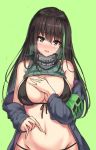  1girl adapted_costume armband bangs bare_shoulders bikini black_bikini black_eyes black_hair blush breasts cenangam clothes_lift cowboy_shot eyebrows_visible_through_hair girls_frontline green_background green_hair green_sweater groin hair_between_eyes headphones jacket long_hair looking_at_viewer m4a1_(girls_frontline) multicolored_hair navel open_mouth ribbed_sweater scarf sidelocks simple_background stomach streaked_hair sweater sweater_lift sweater_vest swimsuit 