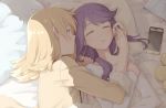  2girls bed bed_sheet blanket blonde_hair cellphone closed_eyes daiba_nana eyewear_removed green_eyes hair_down hoshimi_junna light_smile long_hair looking_at_another lying multiple_girls on_back on_side phone pillow purple_hair sakuraba_yuuki short_hair shoujo_kageki_revue_starlight sleeping sleepwear smartphone yuri 