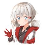  1girl ame. azur_lane bangs black_shirt blue_eyes blush closed_mouth commentary_request denver_(azur_lane) eyebrows_visible_through_hair gloves grey_hair hair_between_eyes hand_up jacket long_hair long_sleeves low_twintails red_gloves shirt sidelocks simple_background sketch smile solo twintails white_background white_jacket 