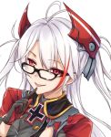  1girl :p antenna_hair azur_lane bangs bespectacled black-framed_eyewear black_gloves colored_eyelashes commentary_request eyebrows_visible_through_hair finger_to_mouth glasses gloves hand_up headgear index_finger_raised iron_cross long_hair merukiarisu military military_uniform multicolored_hair prinz_eugen_(azur_lane) red_eyes redhead simple_background smile solo streaked_hair tongue tongue_out two_side_up uniform upper_body white_background white_hair 