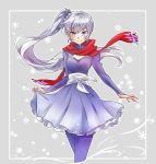  1girl blue_eyes earrings highres iesupa jewelry lace lace-trimmed_skirt long_hair ponytail rwby scar scar_across_eye scarf side_ponytail skirt solo tiara weiss_schnee white_hair 