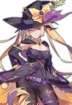  1girl absurdly_long_hair alternate_costume azur_lane bangs bat_hair_ornament belt black_legwear blonde_hair breasts buckle cape cleavage cowboy_shot detached_sleeves dress food_themed_hair_ornament hair_ornament halloween halloween_costume hand_on_hip hat highres jack-o&#039;-lantern large_breasts leotard long_hair looking_at_viewer nelson_(azur_lane) pantyhose potion pumpkin_hair_ornament purple_leotard red_eyes shaded_face shirotae_moyashi sidelocks simple_background solo thigh_strap thighband_pantyhose twintails very_long_hair white_background wide_sleeves witch_hat 