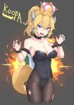  1girl adapted_costume bare_shoulders black_background black_legwear black_leotard black_nails blonde_hair blue_eyes blush bowsette bracelet breasts breathing_fire character_name cleavage collar collarbone covered_navel cropped_legs crown earrings fingernails fire gogongzid high_ponytail highres horns jewelry large_breasts leotard long_fingernails long_hair looking_at_viewer super_mario_bros. nail_polish new_super_mario_bros._u_deluxe nintendo open_mouth pantyhose pointy_ears ponytail sharp_fingernails sharp_teeth solo spiked_armlet spiked_bracelet spiked_collar spiked_shell spiked_tail spikes strapless strapless_leotard super_crown tail teeth torn_clothes torn_legwear turtle_shell upper_body v-shaped_eyebrows 