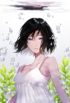  1girl absurdres bangs bare_shoulders black_hair blue_eyes breasts bubble cleavage collarbone commentary_request dress facing_viewer highres leaf looking_at_viewer mikuro_(396) multicolored_hair original parted_lips plant short_hair underwater water white_background white_dress white_hair 