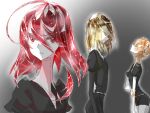  3others ahoge alternate_hairstyle androgynous blonde_hair brown_hair colored_eyelashes crystal_hair easty eyes_visible_through_hair gem_uniform_(houseki_no_kuni) hair_between_eyes holding_own_arm houseki_no_kuni long_bangs looking_up multicolored_hair multiple_others necktie orange_eyes orange_hair red_eyes redhead rutile_(houseki_no_kuni) sad serious shinsha_(houseki_no_kuni) short_hair white_skin yellow_eyes zircon_(houseki_no_kuni) 