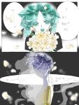  2others androgynous aqua_eyes aqua_hair bangs blue_hair blunt_bangs bouquet colored_eyelashes comic crystal_hair dual_persona easty flower golden_arms green_eyes green_hair hair_over_eyes houseki_no_kuni korean looking_at_viewer multiple_others open_mouth petals phosphophyllite phosphophyllite_(ll) see-through short_hair smile spoilers translation_request upper_body white_skin 