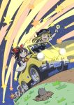  2girls :d ;d apron arm_up ascot bare_shoulders black_hair black_hat black_skirt black_vest blonde_hair blush bow braid breasts brown_eyes car commentary_request copyright_name detached_sleeves flower frilled_apron frilled_bow frills grass ground_vehicle hair_bow hair_tubes hakurei_reimu half_updo hat highres index_finger_raised inuno_rakugaki kirisame_marisa license_plate long_sleeves looking_at_viewer mole_(animal) motor_vehicle multiple_girls night night_sky one_eye_closed open_mouth outdoors pointing puffy_short_sleeves puffy_sleeves red_bow red_flower ribbon-trimmed_sleeves ribbon_trim shirt shooting_star short_hair short_sleeves sidelocks single_braid skirt skirt_set sky small_breasts smile star star_(sky) starry_sky touhou vest waist_apron white_apron white_bow white_shirt wide_sleeves witch_hat yellow_eyes yellow_neckwear 