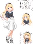  1girl arms_behind_back blonde_hair blue_eyes blue_sailor_collar comiching commentary_request dress expressions frilled_legwear full_body hat highres jervis_(kantai_collection) kantai_collection looking_at_viewer multiple_views sailor_collar sailor_dress sailor_hat short_sleeves simple_background smile socks white_background white_hat white_legwear 