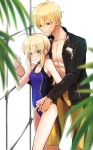  1boy 1girl ahoge artoria_pendragon_(all) black_jacket blonde_hair blue_swimsuit blurry_foreground breasts cleavage collarbone competition_swimsuit covered_navel eyebrows_visible_through_hair fate/stay_night fate_(series) gilgamesh green_eyes hair_between_eyes highres jacket long_hair nayu_tundora one-piece_swimsuit open_clothes open_jacket open_mouth ponytail saber shiny shiny_hair shorts sidelocks small_breasts standing swimsuit swimwear wrist_grab yellow_shorts 