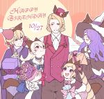  2boys 3girls alternate_costume blonde_hair blush bouquet bow box brother_and_sister brothers camilla_(fire_emblem_if) choker closed_eyes closed_mouth d0o00o0b earrings elise_(fire_emblem_if) female_my_unit_(fire_emblem_if) fire_emblem fire_emblem_if flower formal fur_trim gift gift_bag gift_box gloves hair_bow hair_over_one_eye happy_birthday hat holding holding_bouquet jewelry leon_(fire_emblem_if) long_hair long_sleeves marks_(fire_emblem_if) multicolored_hair multiple_boys multiple_girls my_unit_(fire_emblem_if) nintendo open_mouth parted_lips pointy_ears purple_hair short_hair siblings sisters smile top_hat twintails violet_eyes white_hair witch_hat 