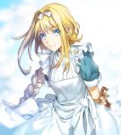  1girl alice_schuberg apron arms_behind_back basket blonde_hair blue_eyes blue_shirt bow braid clouds day ddaomphyo eyebrows_visible_through_hair floating_hair hair_bow highres long_hair looking_at_viewer outdoors shirt short_sleeves single_braid smile solo standing sword_art_online very_long_hair white_apron white_bow 