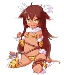  1girl :d animal_print arm_warmers arrow barefoot bella_(sennen_sensou_aigis) bikini brown_hair commentary_request dark_skin done_(donezumi) fang flat_chest full_body fur_trim hair_ornament kneehighs long_hair looking_at_viewer navel open_mouth sennen_sensou_aigis simple_background single_kneehigh single_thighhigh sitting smile solo swimsuit thigh-highs thigh_strap v-shaped_eyebrows very_long_hair wariza white_background white_pupils yellow_eyes 