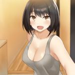  1girl :d bangs black_hair blush breasts brown_eyes cccpo cleavage collarbone covered_nipples doorway eyebrows_visible_through_hair indoors large_breasts looking_at_viewer no_bra open_mouth original short_hair smile solo tank_top 