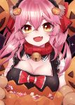  1girl absurdres animal_ears bandage bandaged_arm bandages bangs bare_shoulders bell bell_collar blush bow breasts candy cat_paws cleavage collar fang fate/grand_order fate_(series) food fox_ears fox_tail gloves hair_between_eyes hair_bow hair_ornament highres jack-o&#039;-lantern jack-o&#039;-lantern_hair_ornament jingle_bell large_breasts long_hair looking_at_viewer open_mouth paw_gloves paws pink_hair red_bow sidelocks smile solo soramame_pikuto sparkle tail tamamo_(fate)_(all) tamamo_cat_(fate) yellow_eyes 