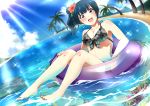  1girl absurdres afloat alternate_hairstyle bangs barefoot beach bikini black_bikini black_nails blue_hair blush breasts cleavage clouds clownfish commentary_request coral day floral_print flower front-tie_bikini front-tie_top hair_flower hair_ornament halterneck highres innertube looking_at_viewer love_live! love_live!_sunshine!! medium_breasts nail_polish outdoors palm_tree print_bikini red_flower sand side_bun side_ponytail solo sparkle swimsuit toenail_polish tree tsushima_yoshiko vorupi water 