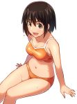  1girl :d arm_support arms_at_sides ayase_fuuka bangs bikini breasts brown_eyes brown_hair collarbone commentary_request eyebrows eyebrows_visible_through_hair hair_between_eyes medium_breasts navel open_mouth orange_bikini sayshownen short_hair simple_background sitting smile solo swimsuit wet white_background yotsubato! 