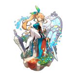  bare_shoulders blonde_hair brown_eyes dragalia_lost elphyllis_(dragalia_lost) flower gauntlets holding holding_weapon long_hair looking_at_viewer non-web_source official_art petals ponytail transparent_background weapon window 