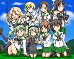  6+girls :d alternate_costume anchovy arm_support asymmetrical_bangs bangs black_eyes black_hair black_jacket black_legwear black_neckwear black_ribbon black_skirt blonde_hair blouse blue_eyes blue_sky blush boko_(girls_und_panzer) braid brown_eyes brown_footwear brown_hair carrying closed_mouth clouds cloudy_sky commentary cup darjeeling day dress_shirt drill_hair eyebrows_visible_through_hair girls_und_panzer grass green_hair green_skirt grin hair_intakes hair_ribbon head_out_of_frame holding holding_cup holding_stuffed_animal jacket katyusha kay_(girls_und_panzer) kneeling kogane_(staygold) leaning_back leaning_forward leaning_to_the_side legs_up light_brown_hair light_frown loafers long_hair long_sleeves looking_at_another looking_at_viewer military military_uniform miniskirt multiple_girls neckerchief necktie nishi_kinuyo nishizumi_maho nishizumi_miho odd_one_out ooarai_school_uniform open_mouth outdoors oversized_clothes pleated_skirt red_eyes ribbon riding_crop salute school_uniform selection_university_military_uniform serafuku shimada_arisu shirt shoes short_hair shoulder_carry siblings side_ponytail sisters sitting skirt sky smile socks standing stuffed_animal stuffed_toy swept_bangs teacup thumbs_up tied_hair trait_connection twin_braids twin_drills twintails uniform white_blouse white_shirt 