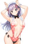  1girl arms_up bare_arms black_bow black_neckwear blush bow bowtie breasts breasts_apart brown_eyes frilled_cuffs frills grin hair_ribbon head_tilt long_hair looking_at_viewer medium_breasts navel nishizawa original parted_lips pink_swimsuit polka_dot polka_dot_swimsuit purple_hair red_ribbon ribbon simple_background skindentation smile solo stomach sweat swimsuit teeth white_background wrist_cuffs 