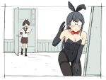  2girls alternate_costume animal_ears bare_shoulders black_gloves black_hair black_legwear blush bow bowtie breasts brown_hair bunnysuit caught cleavage detached_collar door elbow_gloves fake_animal_ears glasses gloves indoors kantai_collection long_hair multiple_girls neckerchief ooyodo_(kantai_collection) opening_door pantyhose pleated_skirt ponytail rabbit_ears sailor_collar school_uniform serafuku shikinami_(kantai_collection) skirt smile wachi_(hati1186) walk-in 