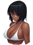  1girl bangs bikini bikini_top black_hair breasts cleavage closed_mouth collarbone cropped_torso dark_skin large_breasts looking_at_viewer original ranma_(kamenrideroz) red_eyes short_hair simple_background solo swimsuit upper_body white_background white_bikini 