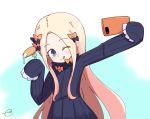  1girl ;q abigail_williams_(fate/grand_order) arm_up bangs black_bow black_dress blonde_hair blue_eyes blush bow cellphone closed_mouth commentary_request dress eyebrows_visible_through_hair fate/grand_order fate_(series) food forehead fork hair_bow head_tilt holding holding_cellphone holding_fork holding_phone kujou_karasuma long_hair long_sleeves no_hat no_headwear one_eye_closed orange_bow outstretched_arm pancake parted_bangs phone self_shot signature sleeves_past_fingers sleeves_past_wrists smile solo tongue tongue_out upper_body very_long_hair 