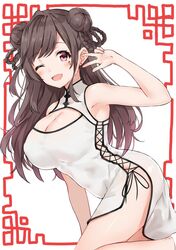  1girl ;d armpits bangs bare_arms bare_shoulders black_hair blush braid breasts brown_eyes china_dress chinese_clothes cleavage cleavage_cutout covered_nipples cowboy_shot double_bun dress earrings eyebrows_visible_through_hair facial_mark hand_up heart highres idolmaster idolmaster_shiny_colors jewelry large_breasts leaning long_hair looking_at_viewer minikon one_eye_closed open_mouth pelvic_curtain side_slit sidelocks smile solo standing standing_on_one_leg tsukioka_kogane w white_background 