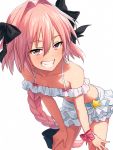  1boy astolfo_(fate) bangs bare_shoulders bent_over bikini black_bow blush bow braid collarbone commentary_request cowboy_shot crossdressinging eyebrows_visible_through_hair fang fate/grand_order fate_(series) grin hair_between_eyes hair_bow hair_intakes hands_on_own_legs hands_on_own_thighs long_hair looking_at_viewer male_focus multicolored_hair otoko_no_ko parted_lips pink_bow pink_eyes pink_hair sayshownen simple_background single_braid smile solo standing star streaked_hair swimsuit teeth two-tone_hair very_long_hair white_background white_hair 