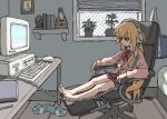  1girl :/ ahoge bag barefoot bed bird blonde_hair blue_shirt book bow bowtie cardigan chair closed_mouth collared_shirt commentary commission computer crt desk dog_slippers english_commentary feet framed_image full_body gabriel_dropout gabriel_tenma_white hair_between_eyes headphones highres indoors keyboard_(computer) linux long_hair long_sleeves looking_at_screen looking_at_viewer looking_to_the_side miniskirt mitsubishi mitsubishi_electric monitor mouse_(computer) notebook office_chair pantsu-ripper pen penguin photo_inset pink_cardigan plaid plaid_skirt plant polo_shirt potted_plant qr_code real_life red_bow red_bowtie red_skirt school_bag school_uniform shelf shirt sidelocks sitting skirt slippers smile solo swivel_chair terry_a_davis toes tux very_long_hair violet_eyes white_shirt window window_blinds wing_collar wooden_floor 