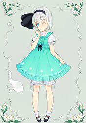  1girl ;) adapted_costume aqua_dress black_footwear black_hairband bloomers blue_eyes bobby_socks dress eyebrows_visible_through_hair flower full_body grey_background hairband hand_up hashimoto_w.s. konpaku_youmu konpaku_youmu_(ghost) lolita_fashion looking_at_viewer one_eye_closed pigeon-toed puffy_short_sleeves puffy_sleeves shoes short_hair short_sleeves simple_background smile socks solo touhou underwear white_hair white_legwear 