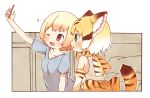  2girls ;d absurdres animal_ears bare_shoulders blonde_hair blue_shirt brown_eyes cat_ears cat_tail commentary_request elbow_gloves enk_0822 extra_ears gloves green_eyes highres kemono_friends looking_away mewhan mole mole_under_mouth multiple_girls one_eye_closed open_mouth profile sand_cat_(kemono_friends) seiyuu_connection self_shot shirt short_hair short_sleeves sleeveless sleeveless_shirt smile t-shirt tail white_shirt 