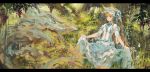  1girl animal_ears blue_eyes blurry bow brown_hair bubble commentary dragon dress dress_lift fantasy food forest fox_ears frilled_dress frills fruit garters grapes grass hat highres jean_popo letterboxed long_hair nature original outdoors scenery solo tree water wrist_cuffs 