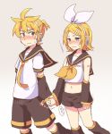  1boy 1girl aqua_eyes arm_tattoo bare_shoulders blonde_hair blush bow brother_and_sister crop_top detached_sleeves embarrassed hair_bow hair_ornament hairclip hand_holding headphones headset incest kagamine_len kagamine_rin leg_warmers looking_at_another midriff navel necktie nervous number_tattoo reki_(arequa) sailor_collar short_hair short_ponytail shorts siblings sweat sweatdrop tattoo trembling twincest twins vocaloid 