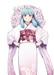  1girl blue_hair brown_eyes commentary_request floral_print flower grin hair_tubes hamada_yoshikazu hands_on_hips highres japanese_clothes kimono kiriha_(tsugumomo) long_hair long_sleeves looking_at_viewer obi official_art pointy_ears print_kimono sash simple_background smile solo tsugumomo white_background wide_sleeves 