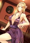  1girl alternate_costume armpits bangs bare_shoulders blonde_hair blue_eyes blush breasts collarbone commentary_request cup dress drinking_glass hair_between_eyes hairband hand_on_hip headgear indoors kantai_collection knee_up kuurunaitsu large_breasts long_hair nelson_(kantai_collection) purple_dress sash sideboob sidelocks smile solo stool thighs 
