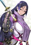  1girl bangs black_gloves bodysuit breasts commentary_request covered_navel fate/grand_order fate_(series) fingerless_gloves glint gloves happa_(cloverppd) huge_breasts katana large_breasts long_hair low-tied_long_hair minamoto_no_raikou_(fate/grand_order) parted_bangs purple_bodysuit purple_hair ribbed_sleeves rope signature solo sword tabard very_long_hair violet_eyes weapon 